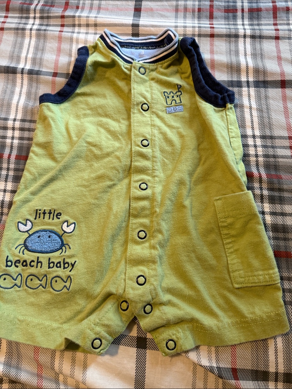 Carter's Lime Green Sleeveless Romper with Navy Trim - 'Little Beach Baby'